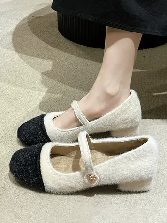 法式拼色小香风气质毛毛鞋女冬外穿加绒中跟保暖玛丽珍粗跟棉单鞋商品大图