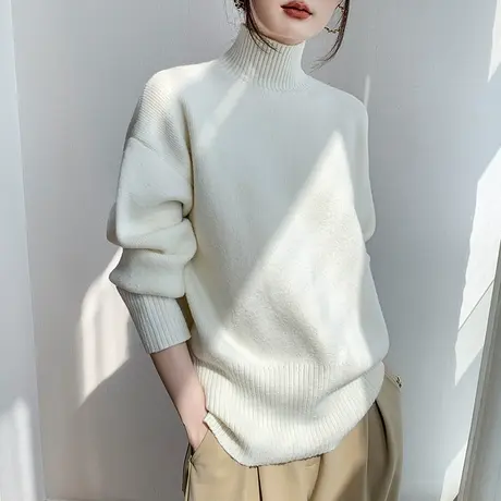 高领套头毛衣女2023秋冬新品宽松正肩内搭针织打底衫长袖上衣商品大图