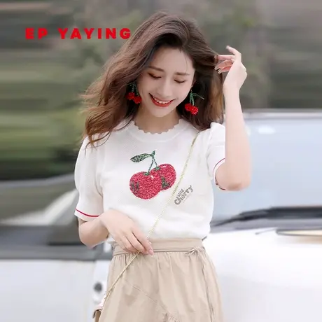 EP YAYING雅莹女装 通勤花瓣领樱桃短袖针织衫 商场同款9560A图片