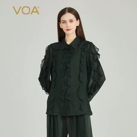 VOA松绿色20姆米暗纹提花桑蚕丝polo领拼接乔其丝绸长袖宽松衬衫图片