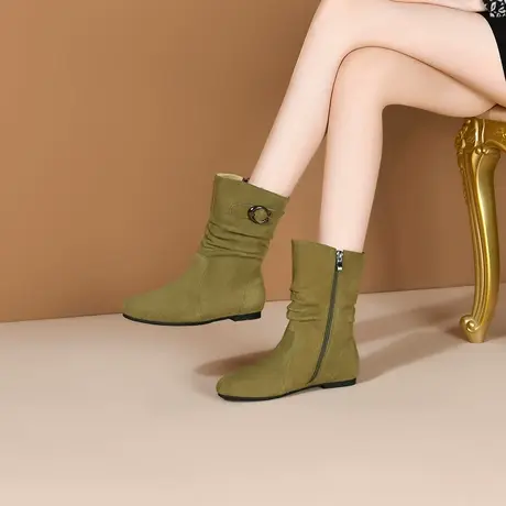 平底靴女2023年新款短靴子小圆头复古堆堆靴牛皮磨砂侧拉链中筒靴图片