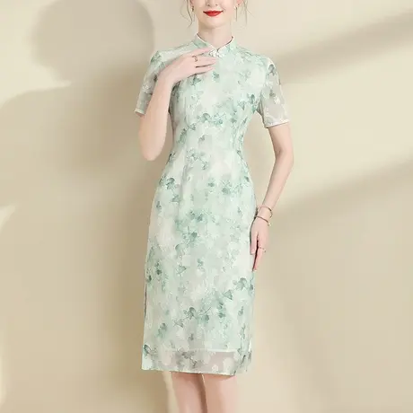 水墨青华2024夏季新款气质显瘦新中式盘扣国风旗袍百搭剪花连衣裙商品大图