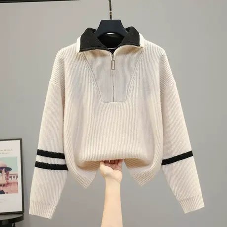 2023春秋新款韩版宽松高领拉链条纹长袖针织衫打底衫毛衣女上衣商品大图