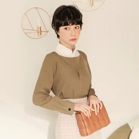 桔熊春秋季通勤ol船型领打褶收腰修身中长款上衣女装大码AB16662图片
