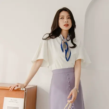 桔熊夏通勤简约小衫花苞袖圆领宽松遮肉上衣女胖妹妹大码AB18416商品大图