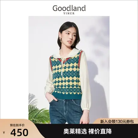 音儿美地女装2022秋季新款娃娃领衬衫拼接网格针织衫商品大图