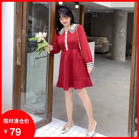 【清仓】新款大码胖MM翻领拼接显瘦遮肉甜美减龄荷叶摆针织连衣裙商品大图