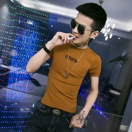 2023新款时尚小伙修身潮男短袖T恤社会tee社会潮牌紧身半截袖潮流商品大图