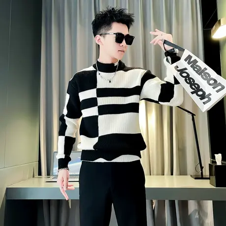 2023冬季小高领拼接设计条纹网红潮牌设计感修身T恤针织衫毛衣INS商品大图