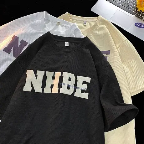 华夫格复古发泡短袖t恤男夏季宽松潮牌半袖美式重磅体恤衫高级感t商品大图