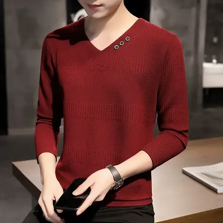 春秋季针织衫长袖t恤男V领2022新款男装卫衣男士宽松打底衫上衣服商品大图