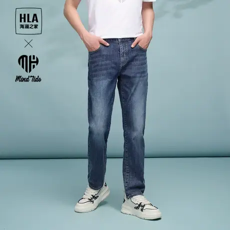 HLA/海澜之家循迹亦心黑色牛仔裤春夏季新款休闲洗水直筒裤子男士图片