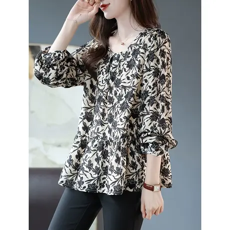 宝诗黎圆领印花长袖雪纺衫春季薄上衣女2024新款宽松休闲洋气衬衣图片