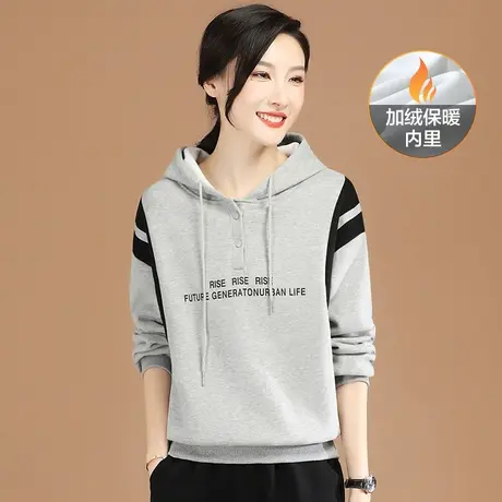 韩潮袭人2023冬季新款连帽印花宽松灰色套头加厚加绒卫衣女小个子图片
