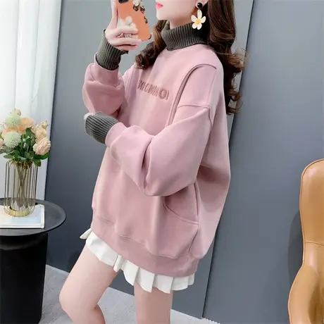 假两件刺绣加绒加厚高领卫衣女秋冬2023新款韩版百搭时尚上衣外套商品大图