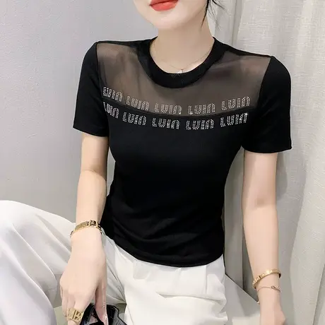 性感镂空T恤女短袖网纱拼接小衫洋气别致烫钻上衣百搭修身半袖夏商品大图