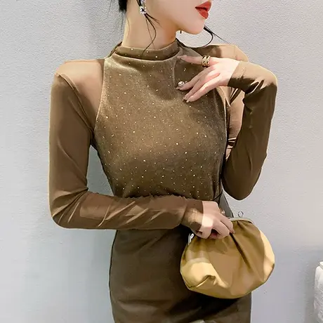 2024秋冬丝绒烫钻拼接上衣别致立领T恤女长袖洋气修身减龄打底衫商品大图