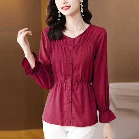 2023秋季新款大码女装胖妹妹减龄缎面雪纺衬衫女遮肚收腰长袖小衫商品大图