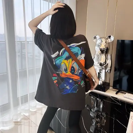 短袖t恤女2023夏季新款韩版宽松印花圆领套头中长款半袖上衣ins潮商品大图