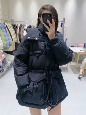 羽绒服女冬季新款韩版休闲中长款立领连帽收腰加厚白鸭绒保暖外套图片