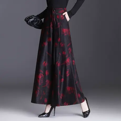 印花阔腿裤女休闲长裤2023春秋新款高腰女裤大码中年花色直筒裤子商品大图