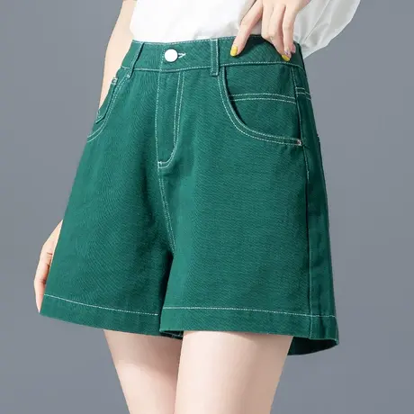 绿色牛仔短裤女夏季薄款高腰a字阔腿中裤休闲四分五分裤女夏5分裤图片