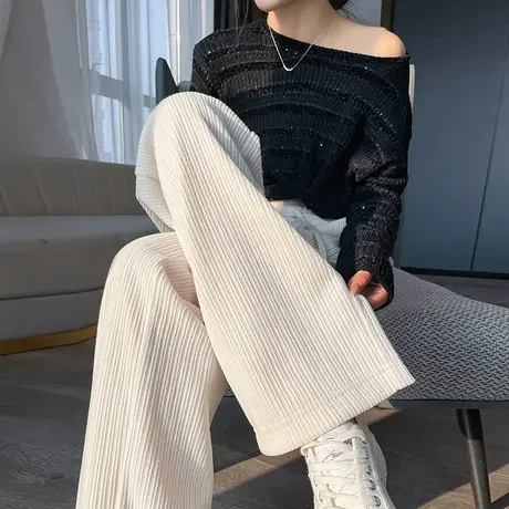 灯芯绒阔腿裤女2024年春秋新款高腰直筒宽松显瘦休闲百搭条绒长裤商品大图