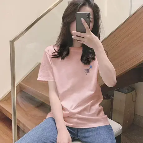 纯棉短袖t恤女2023新款圆领正肩宽松女士设计感小众辣妹上衣女夏图片