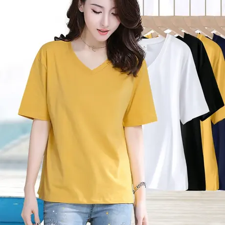 纯棉宽松v领短袖t恤女夏季新款休闲体恤纯色胖妹妹遮肚半袖打底衫商品大图