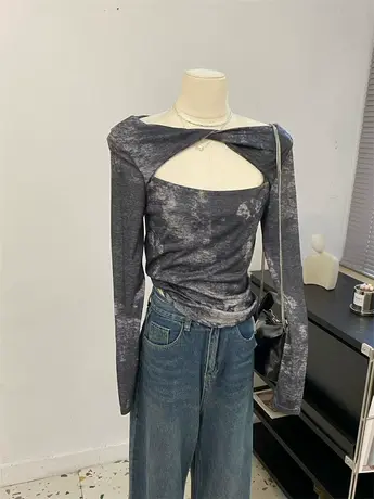 高级感冷淡风~气质镂空拼接假两件修身长袖T恤女涂鸦扎染上衣秋冬商品大图