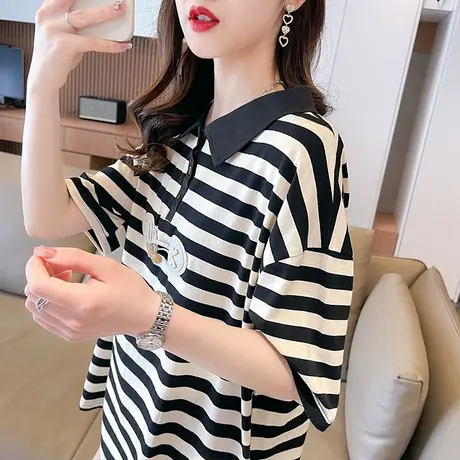 小众设计感娃娃领短袖t恤女夏季韩版宽松大码条纹纯棉polo衫上衣图片