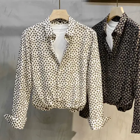 春秋季新款高级感花衬衫男长袖冰丝休闲免烫男装上衣碎花衬衣潮商品大图