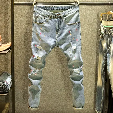 九分破洞刮烂牛仔裤男款潮牌ins修身小脚裤夏季薄款泼墨乞丐裤子图片