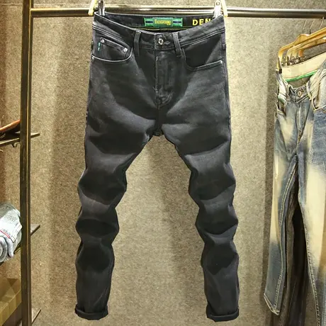 黑色厚款牛仔裤男士欧货潮牌修身小脚裤潮流百搭舒适弹力长裤秋冬商品大图