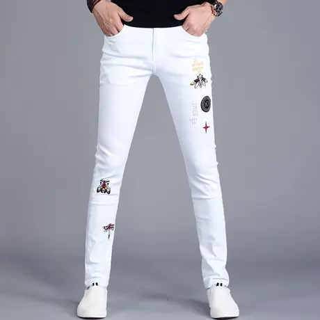男士刺绣白色牛仔裤男款潮牌2023新款修身小脚休闲裤子秋冬薄高端商品大图