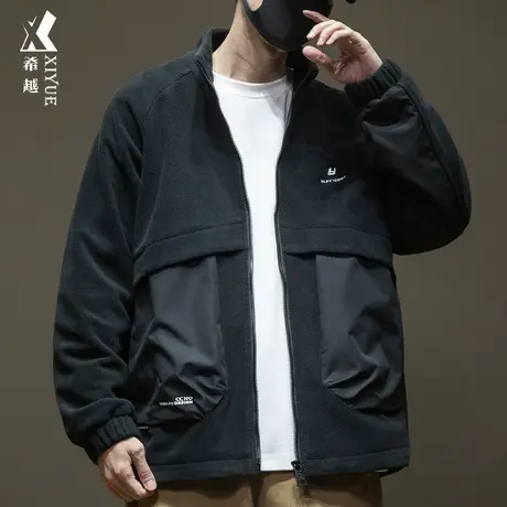 希越摇粒绒拼接夹克春秋季新款男士加绒加厚外套宽松大码无帽棉衣商品大图