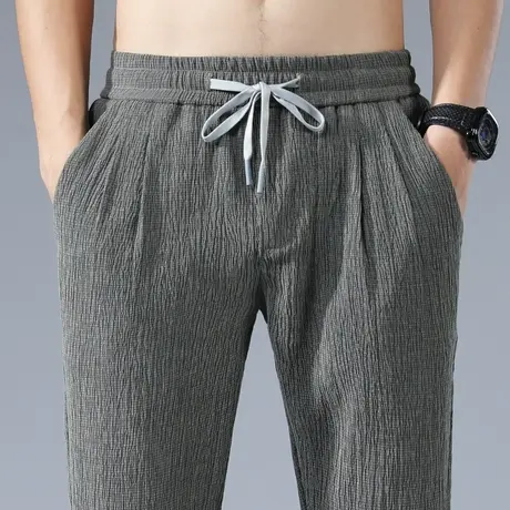 夏季轻薄款宽松紧腰抽绳休闲长裤男士高端冰丝滑速干亚麻棉麻裤子图片