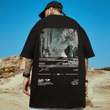 oversize欧美潮牌胖子男装大码国潮嘻哈宽松油画短袖T恤潮流半袖商品大图