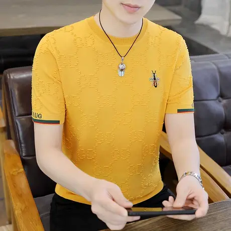 夏季冰丝短袖t恤男高端烫钻桑蚕丝薄款体恤衫半袖上衣服潮流百搭商品大图