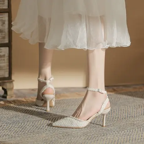 包头凉鞋女夏季2024年新款细跟尖头一字带高跟鞋百搭气质名媛单鞋图片