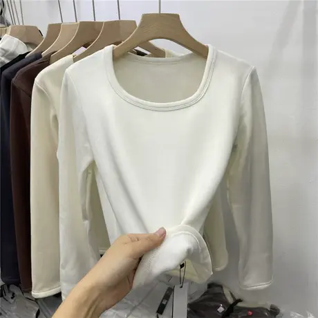 加绒加厚长袖T恤女2023年秋冬季新款修身显瘦打底衫短款内搭上衣商品大图