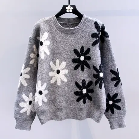 复古提花圆领套头毛衣女冬季2023新款宽松时尚减龄慵懒风针织上衣商品大图