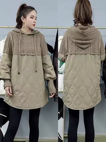 欧洲站简约假两件夹棉连帽棉服2023冬季新款宽松遮肉通勤拼接上衣商品大图