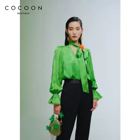 COCOON商场同款时尚上衣2023秋季新款女桑蚕丝提花竹叶针织衫商品大图
