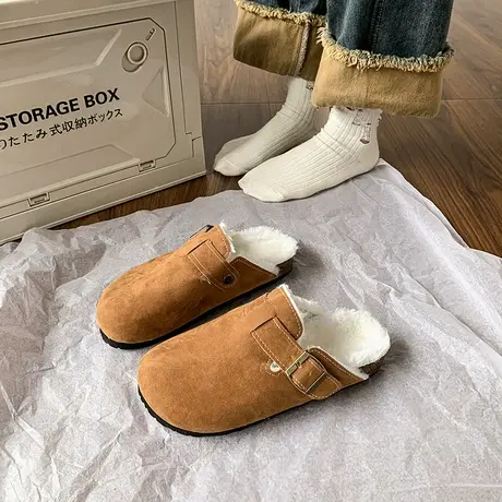 勃肯鞋女2023新款秋冬懒人一脚蹬加绒博肯毛毛拖鞋厚底包头半拖鞋商品大图