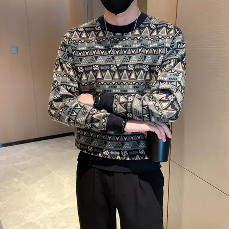 秋冬2023新款个性满印几何花色针织毛衣男民族风加厚套头打底线衣商品大图