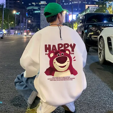 圆领加厚加绒卫衣男春秋季新款美式草莓熊宽松无帽外套潮牌打底衫商品大图