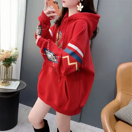 卡通小熊刺绣加绒加厚连帽卫衣女秋冬2023年新款宽松洋气减龄外套商品大图