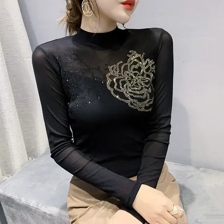 半高领打底衫女秋季新款气质烫钻T恤女长袖加绒紧身内搭网纱上衣商品大图