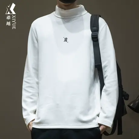 希越德绒加厚男士打底衫2023冬季新款宽松大码半高领加绒长袖T恤商品大图